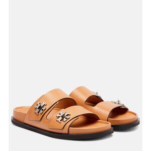 TORY BURCH Turnlock cognac leather slides sandals size 8